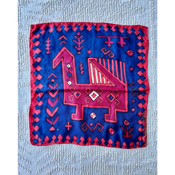 Vintage Silk Scarf Hand Painted Abstract Horse Blue Red 16" Geometric - Picture 1 of 8